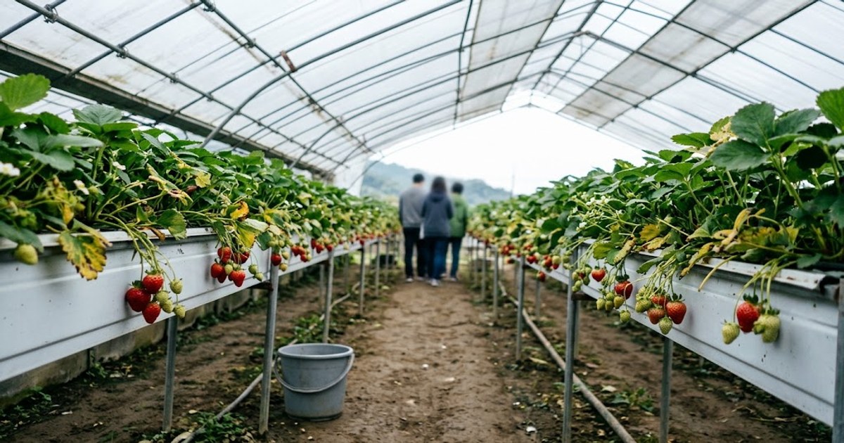 草莓園溫室內的高架栽培架與走道