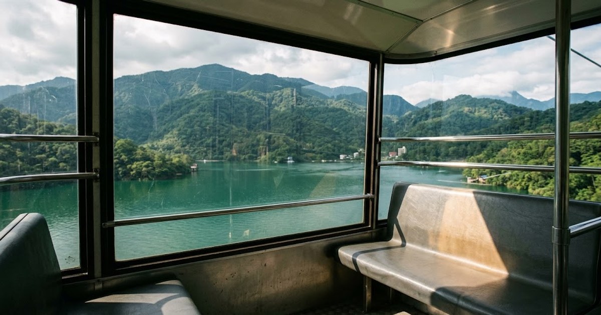 纜車車廂內望向湖面