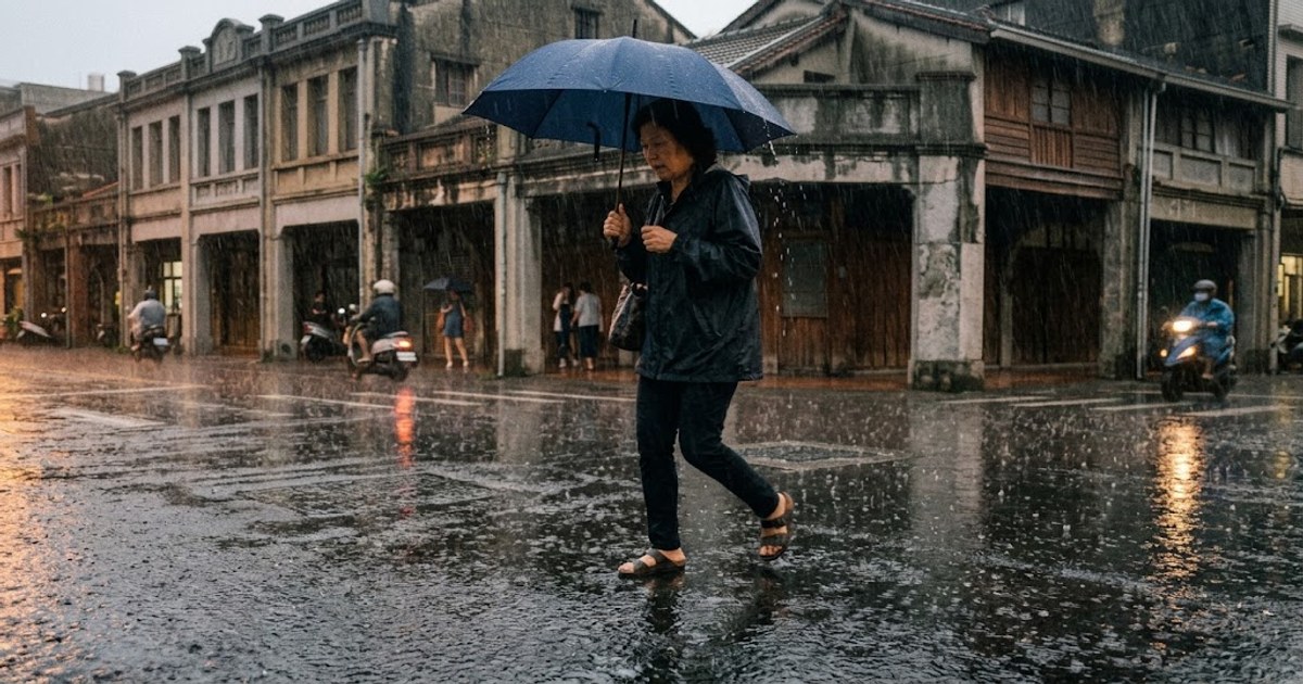 台南雨天街道積水與行人撐傘