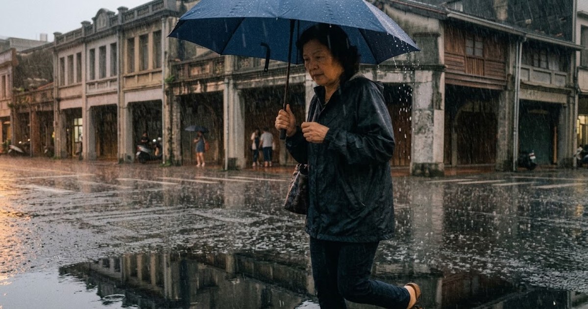 台南暴雨中的騎樓街景與積水倒影