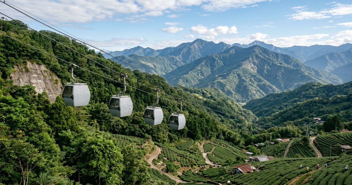 貓空纜車在山林間行駛的畫面