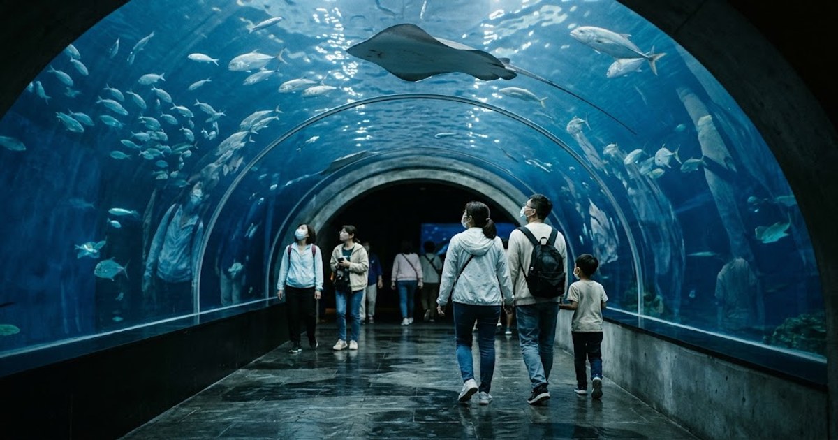 水族館展區的觀景窗與魚群