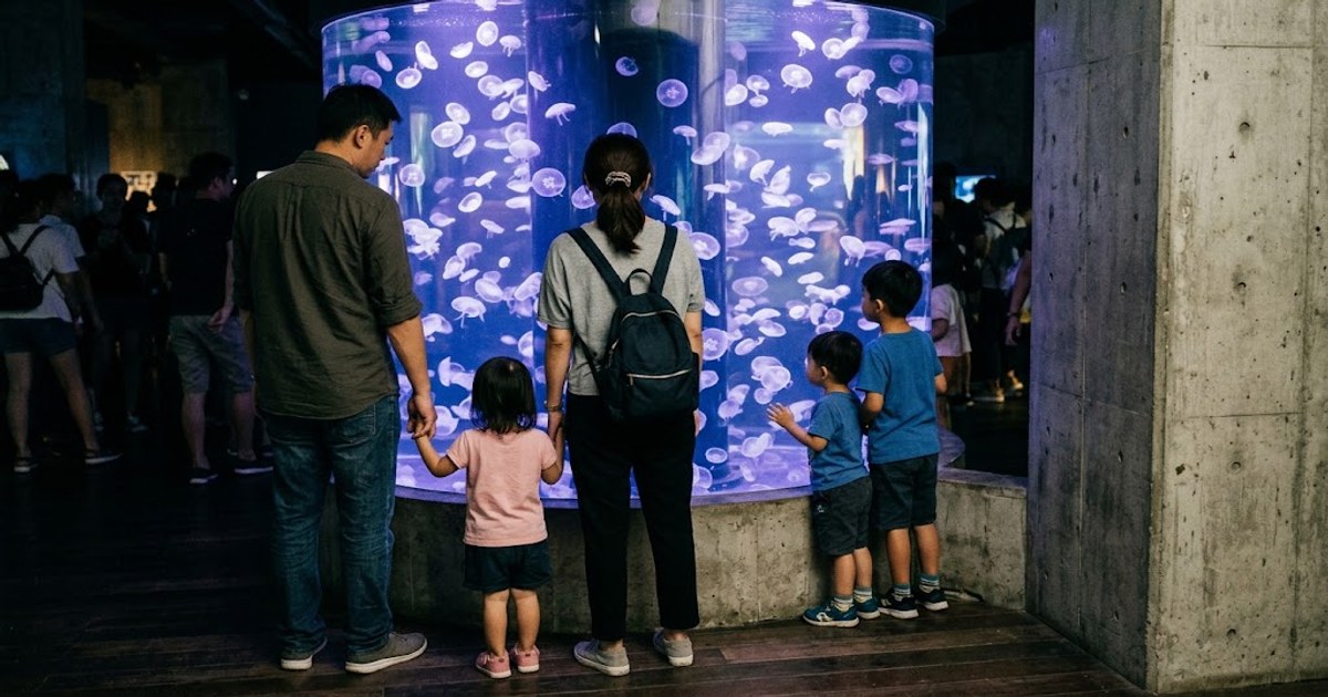 水族館內的家庭旅客與海洋展示