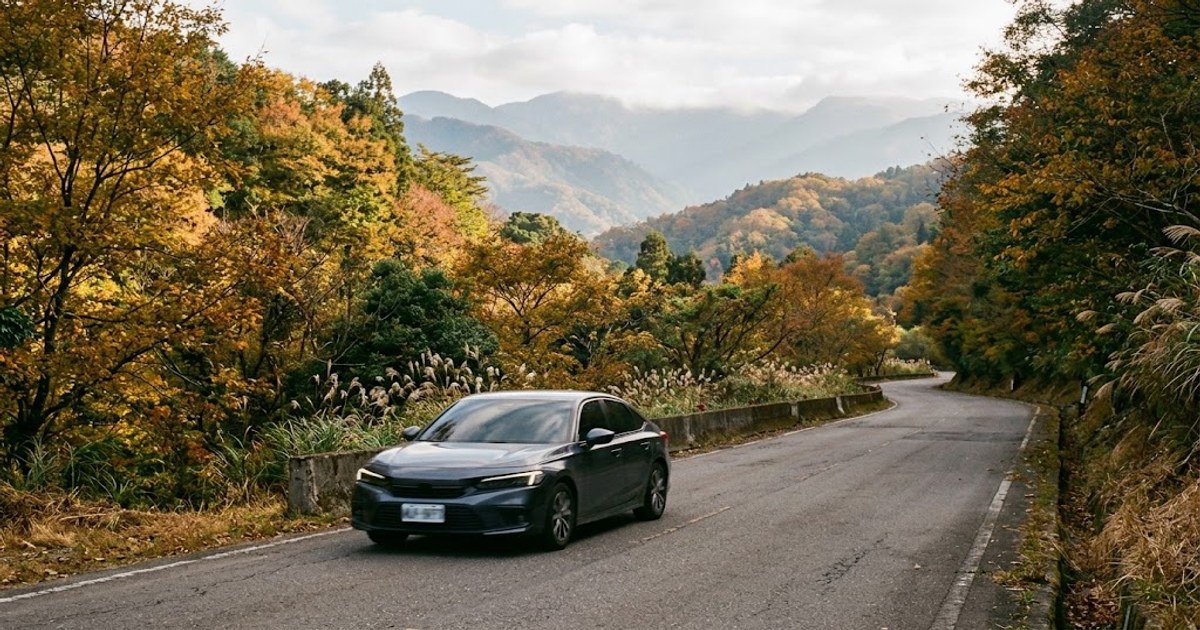 秋日山區公路旁停放的自駕車輛與周圍山林