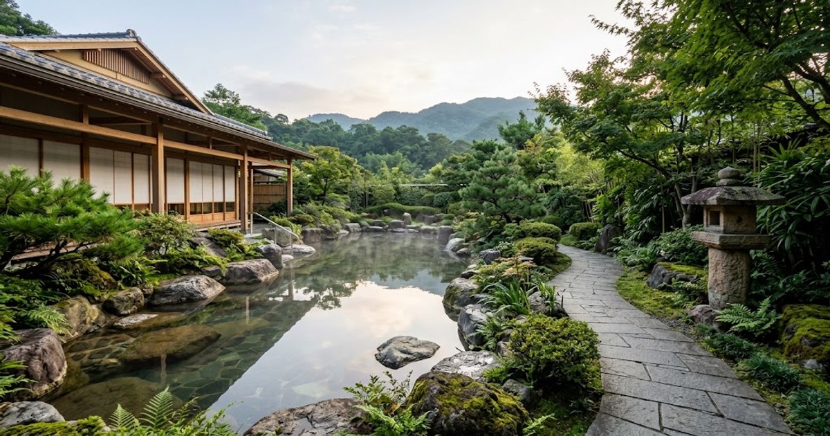 山區溫泉飯店的露天湯池與庭園景觀