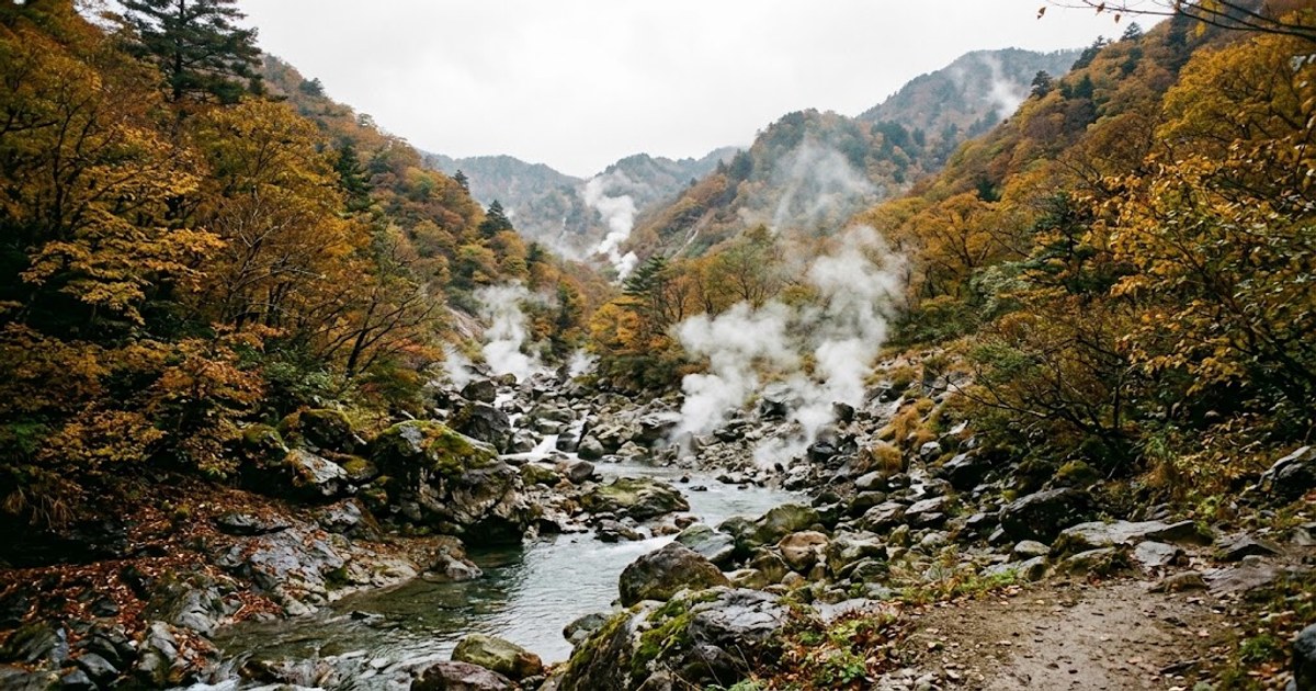 秋日山區溫泉區的溪谷與地熱蒸氣遠景
