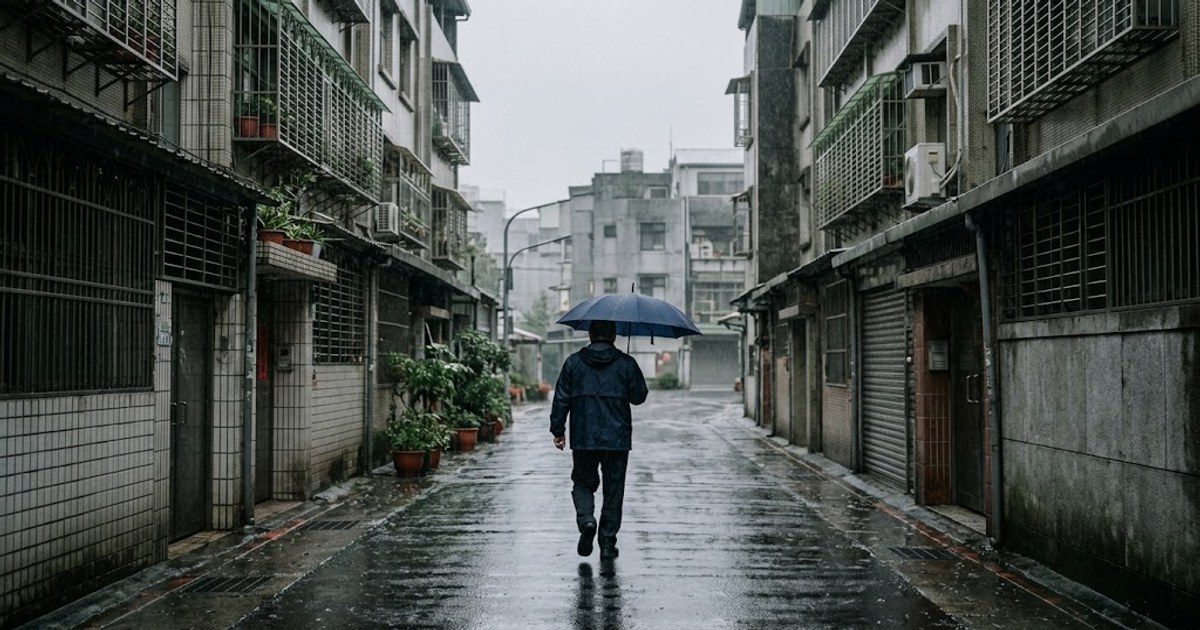秋雨綿綿的台灣北部街道,行人撐傘快步走過