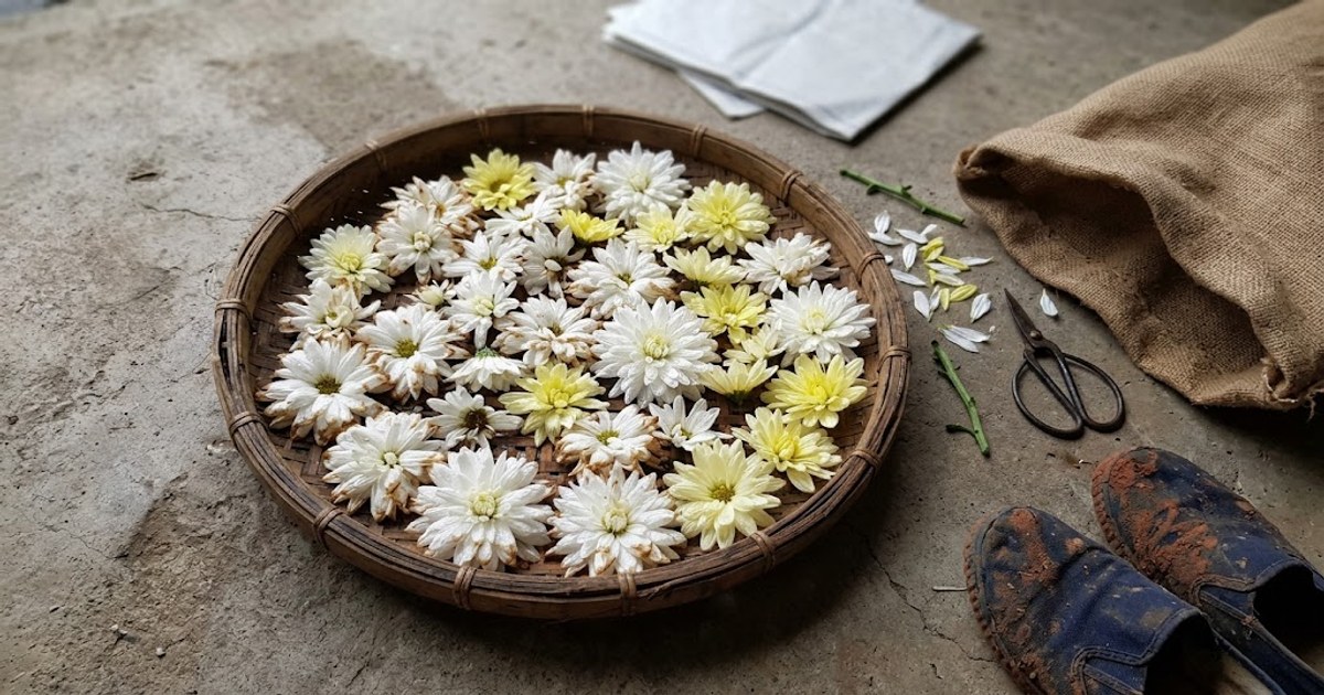 剛採下的杭菊花朵放在竹簍裡的俯拍