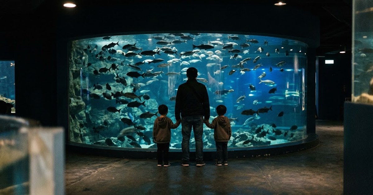 水族館觀景窗前的親子遊客